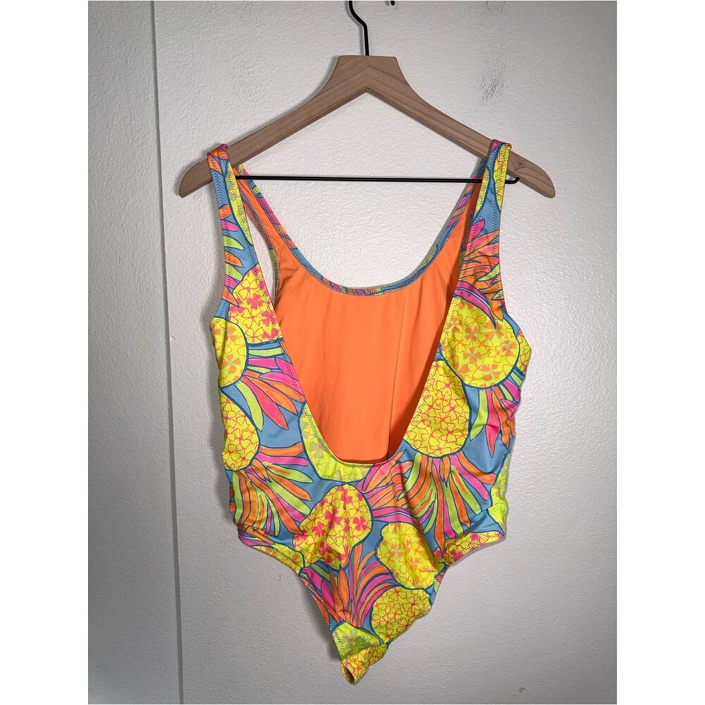 CHUBBIES tropical open back neon one piece vacation resortwear swimsuit L - Picture 3 of 3